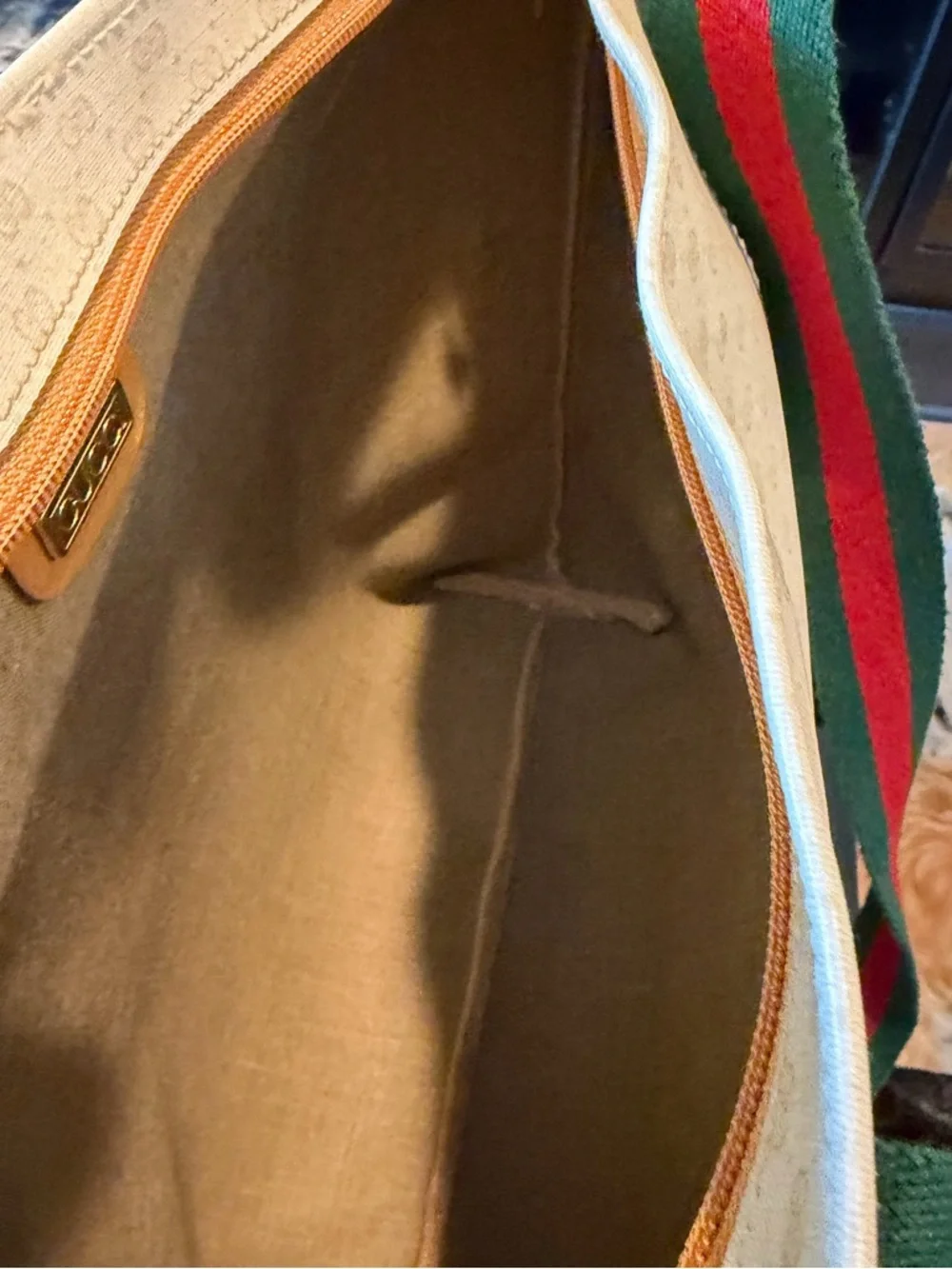 Gucci Cream Monogram Tote and Wallet with Green-Red Web Stripe and Tan Trim - Picture 4 of 7